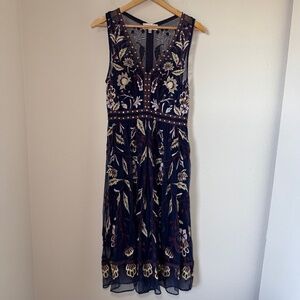 Moulinette Soeurs Navy and Cream Embroidered Midi Dress
